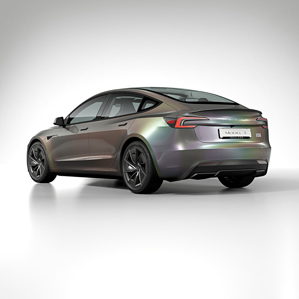 Model 3 Highland rear view wrapped in Colorflow glossy prismatic grey by Avery Dennison