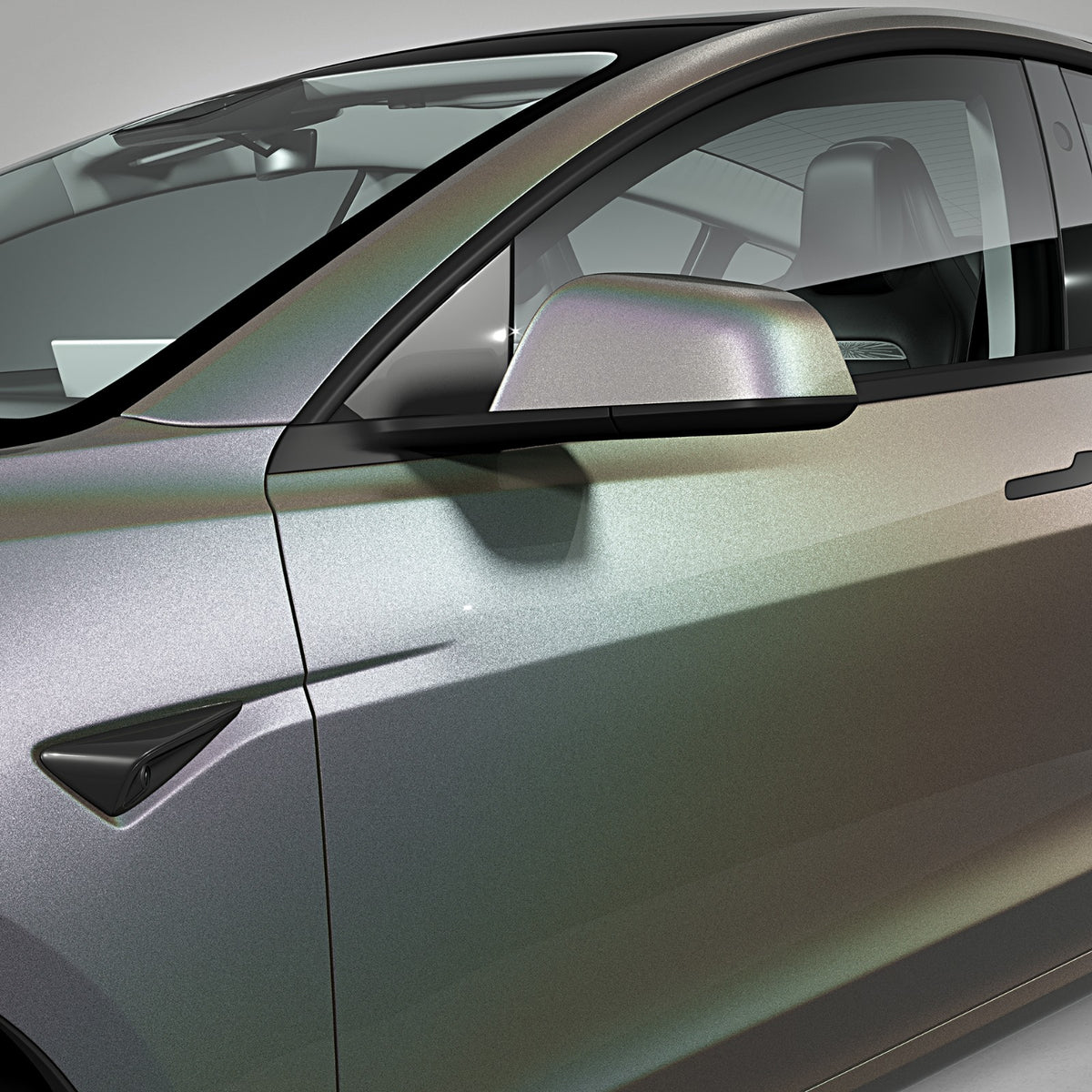 Close up Model 3 Highland wrapped in Colorflow glossy prismatic grey by Avery Dennison