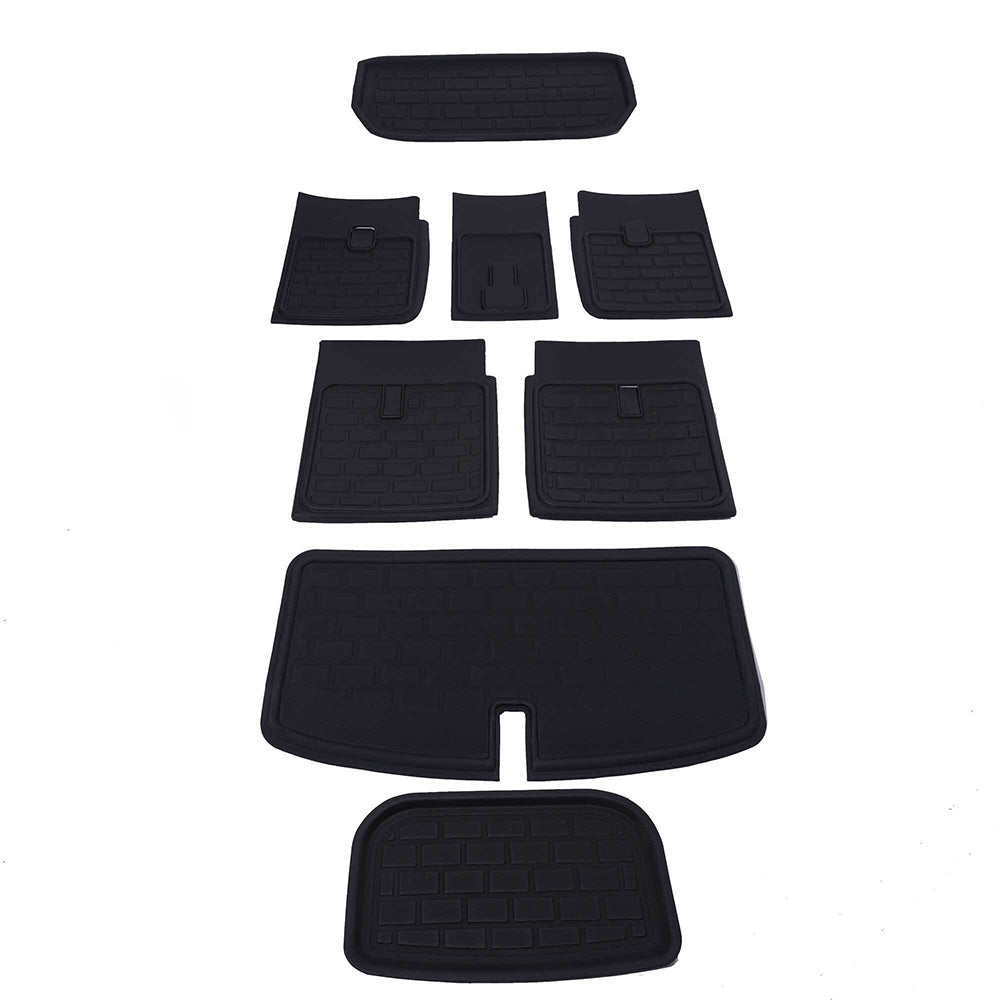 Trunk and Frunk Mats for Model Y 7-Seater - Top to Bottom: Frunk, 2nd Row, 3rd Row, Trunk, Trunk Bed